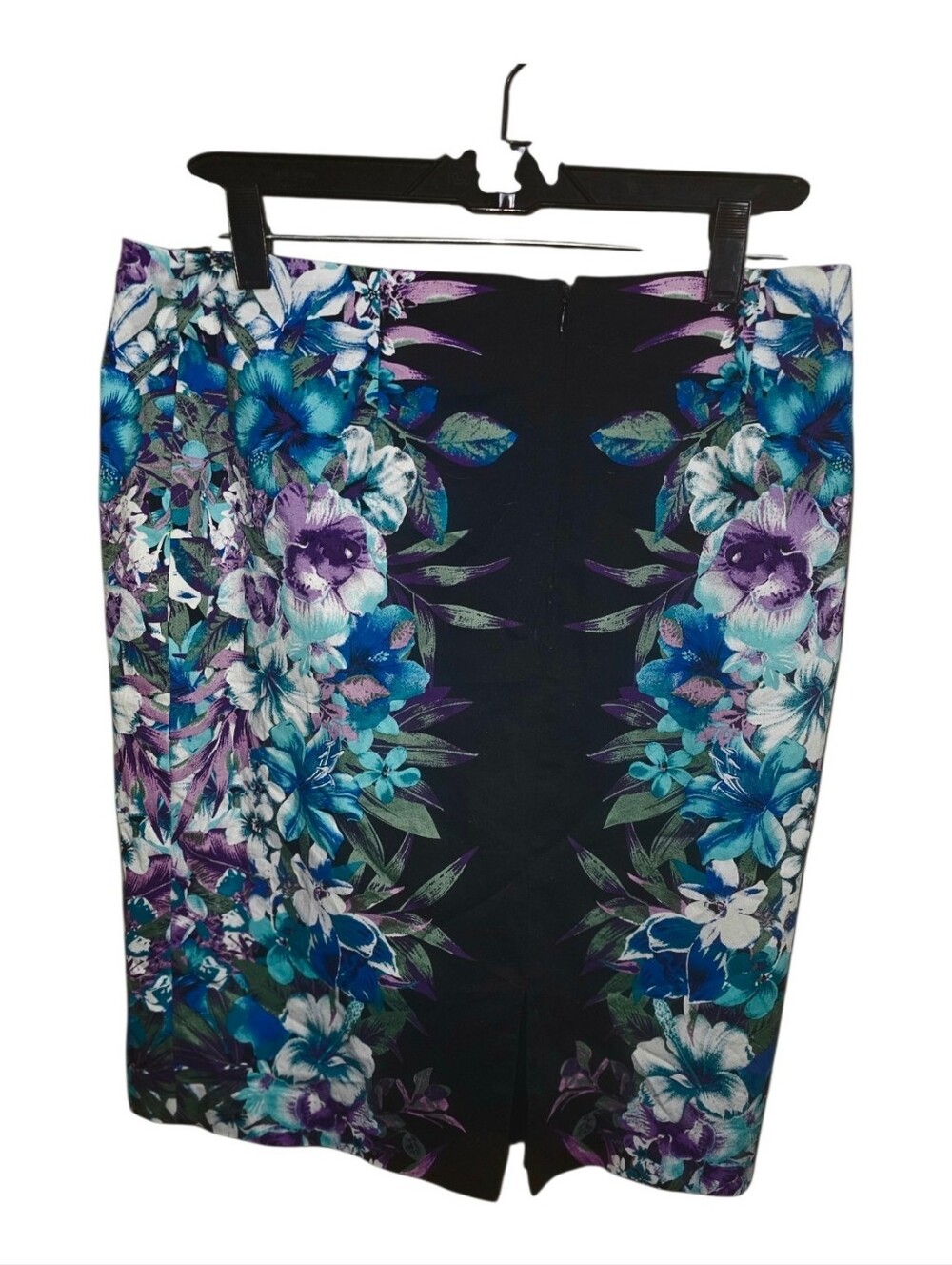 Roz & Ali Floral Pencil Skirt Black Blue Purple Orchid Midi Size 12